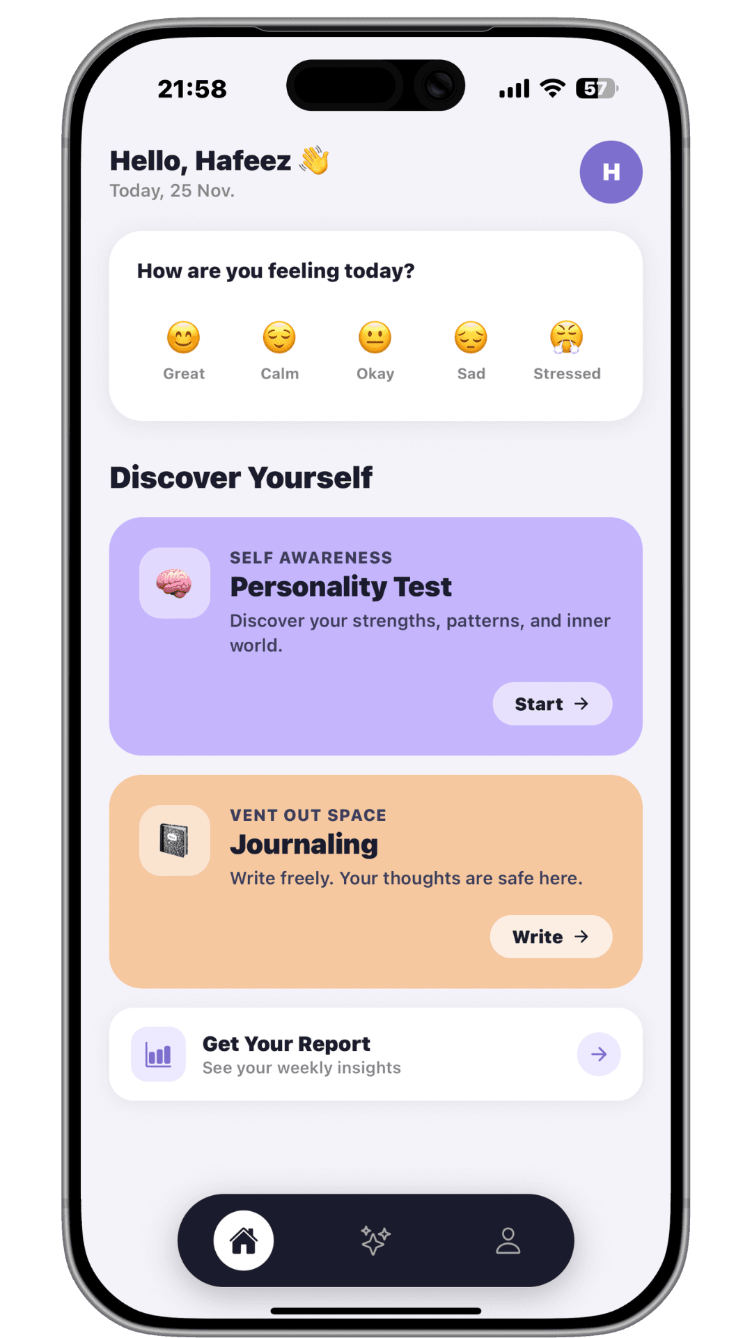 The Naerel app home screen, showing a daily mood check-in and gentle self-discovery prompts.